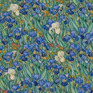Patrón sin costuras de lirios de Van Gogh en formato JPG, lirios azules postimpresionistas florales, patrón repetitivo de pintura al óleo de bellas artes, descarga digital estilo acuarela.