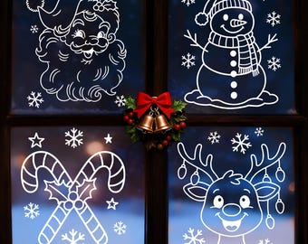 Weihnachten Fenster Art Template JPG, 4 Chalk Marker Designs, Santa, Rentier, Schneemann, Zuckerstange, Urlaub Dekor, Instant Download