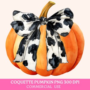 May include: A watercolor illustration of an orange pumpkin with a black and white cow print bow. The pumpkin is sitting on a white background.