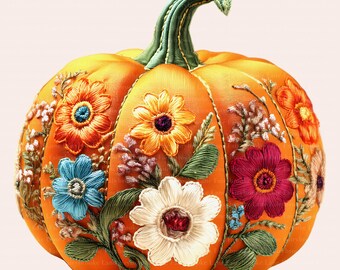 Broderie PNG, citrouille fleurs brodées PNG, Design de fausse broderie Thanksgiving Floral citrouille des cliparts Sublimation, Png numérique tendance