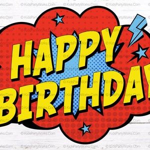 Superhero Party Happy Birthday Sign, Superhero Comic Bubble, Superhero Birthday Sign, Superhero Party, Party Decorations, Instant Download