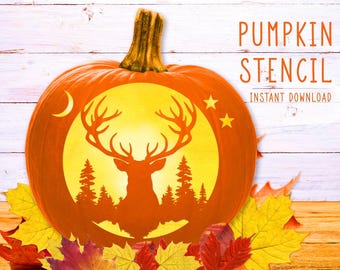 Deer Pumpkin Stencil, Deer Pine Trees Printable Stencil, Jack O' Lantern, Halloween Pumpkin Carving Template, Deer Pattern, Digital File