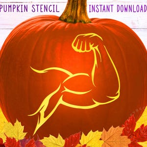 May include: A large orange pumpkin with a yellow outline of a flexing arm. The pumpkin has the text "PUMPKIN STENCIL" and "INSTANT DOWNLOAD" in purple. Autumn leaves are at the bottom of the image.