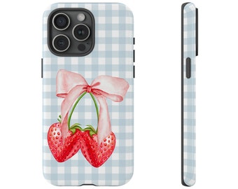 Kokette Erdbeeren Handyhülle, rosa Schleife Ästhetik, robuste Handyhülle, Erdbeere iPhone Hülle, Google Pixel, Samsung, Girly Geschenk für sie