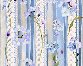 Flowers Seamless Pattern JPG, Blue Floral Seamless, Watercolor Floral Seamless Shabby Chic Grandmillenial Stripes Repeating Digital Download