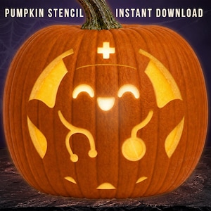 May include: An orange pumpkin with a carved design featuring a smiling face, a medical cross symbol, and a stethoscope. The text PUMPKIN STENCIL INSTANT DOWNLOAD is visible at the top. The pumpkin is illuminated from within, casting a warm glow.