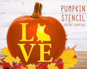 May include: An orange pumpkin stencil design with the word "LOVE" in yellow, featuring a dog silhouette. The text "PUMPKIN STENCIL" and "INSTANT DOWNLOAD" are in orange. Colorful autumn leaves surround the pumpkin.