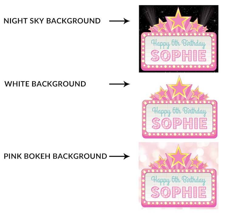 May include: Pink and gold birthday sign with the text "Happy 6th Birthday Sophie" in a marquee style with light bulbs. The sign is surrounded by five gold stars.