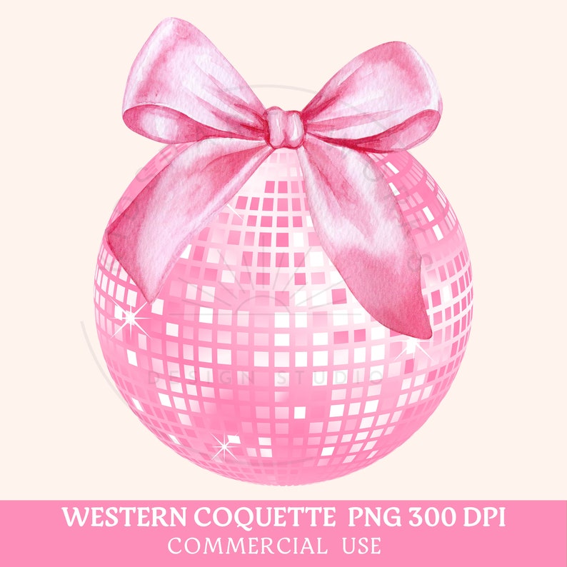 May include: A pink disco ball with a large pink bow. The disco ball is made of many small squares.