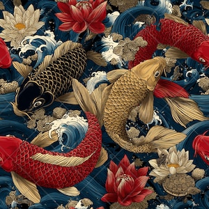 May include: A seamless pattern featuring koi fish in shades of red, gold, and black, swimming amidst blue waves and lotus flowers. The design has an Asian-inspired aesthetic, with detailed illustrations of the fish scales and water movement.