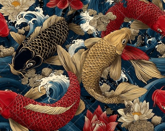 Koi Fish Seamless Pattern JPG, Japanese Koi Pond Fabric Pattern, Lotus Flowers Waves, Asian Watercolor Repeat, Dark Navy Red Gold Digital