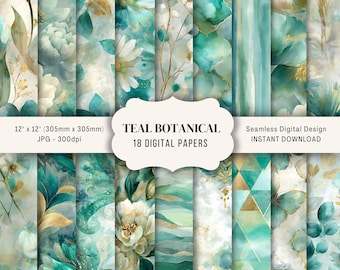 Teal Floral Digital Paper, 18 JPG Seamless Watercolor Patterns, Teal Botanical Abstract Backgrounds, Scrapbook Paper Junk Journal Printable