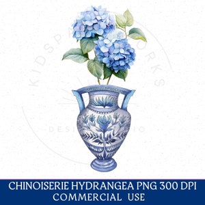 Chinoiserie PNG, Chinoiserie Hydrangea PNG Clipart, Chinoiserie Ginger Jar, Vintage Floral Watercolor, Grandmillennial, Blue Willow Style
