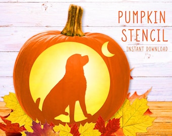 May include: An orange pumpkin stencil design with a dog silhouette inside a yellow circle, and a crescent moon. The words "PUMPKIN STENCIL" and "INSTANT DOWNLOAD" are displayed on the right. Autumn leaves are at the bottom.