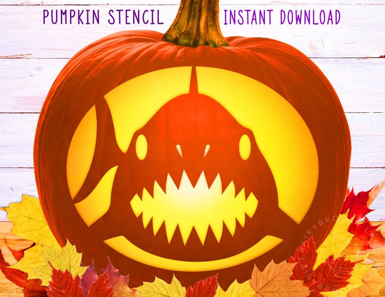 Szablon z dynią rekinem, szablon z dynią rekin do druku, szablon z dynią rekinem, rzeźbienie dyni, szablon z dynią Jack O'Lantern, natychmiastowe pobranie zdjęcie 1