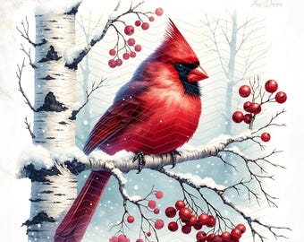 Red Cardinal PNG, Watercolor Christmas Png, Red Cardinal Clipart, Bird Winter Scene Png, Festive Holiday Png, Christmas Sublimation Design