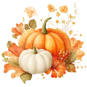 Fall Pumpkin Clipart PNG Set 44 Autumn Watercolor Leaves Thanksgiving Wall Art Junk Journal Scrapbooking Halloween Abstract Floral Pumpkins