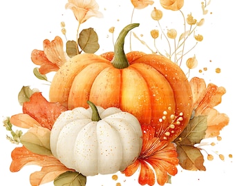 Fall Pumpkin Clipart PNG Set 44 Autumn Watercolor Leaves Thanksgiving Wall Art Junk Journal Scrapbooking Halloween Abstract Floral Pumpkins