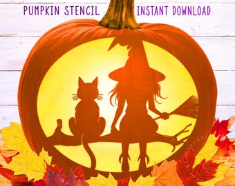 May include: A carved pumpkin stencil with a witch and cat silhouette design. The pumpkin is orange with a yellow interior, and the text "PUMPKIN STENCIL" and "INSTANT DOWNLOAD" are visible. Autumn leaves surround the pumpkin.