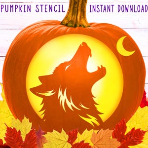 May include: An orange pumpkin stencil design featuring a howling wolf silhouette, a crescent moon, and the text "PUMPKIN STENCIL INSTANT DOWNLOAD". The pumpkin is surrounded by autumn leaves.