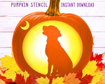 May include: An orange pumpkin stencil with a dog silhouette howling at the moon. The pumpkin is surrounded by colorful autumn leaves. Text at the top reads "PUMPKIN STENCIL" and "INSTANT DOWNLOAD".