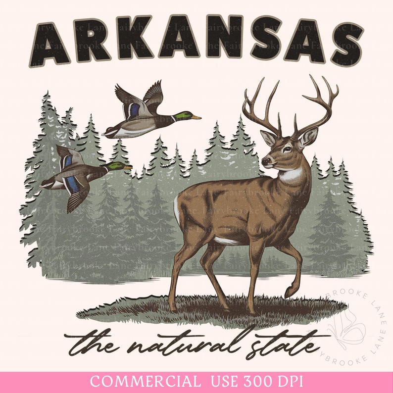 Arkansas PNG. Arkansas the natural state with deer and ducks and pine trees in the background sublimation PNG digital download.