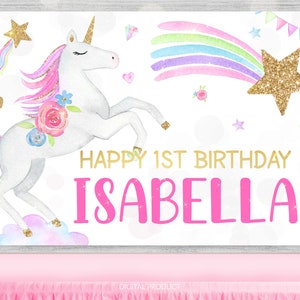 Sfondo unicorno, compleanno unicorno, festa unicorno, banner unicorno, sfondo festa, sfondo di compleanno, sfondo digitale stampabile personalizzato, 1 °