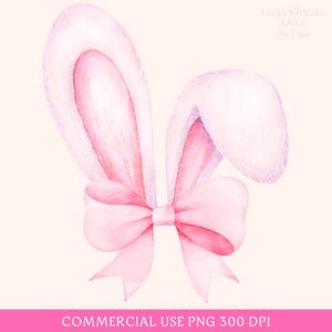 Hase PNG, Kokette Ostern, rosafarbene Hasenohren, Aquarell Osterhase, Clipart, Ostersublimation, Frohe Ostern PNG, rosa Schleife, Kaninchen Png