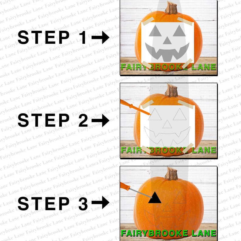 The image is a step-by-step guide on how to create a jack-o-lantern, with three images showing the process from step 1 to step 3.