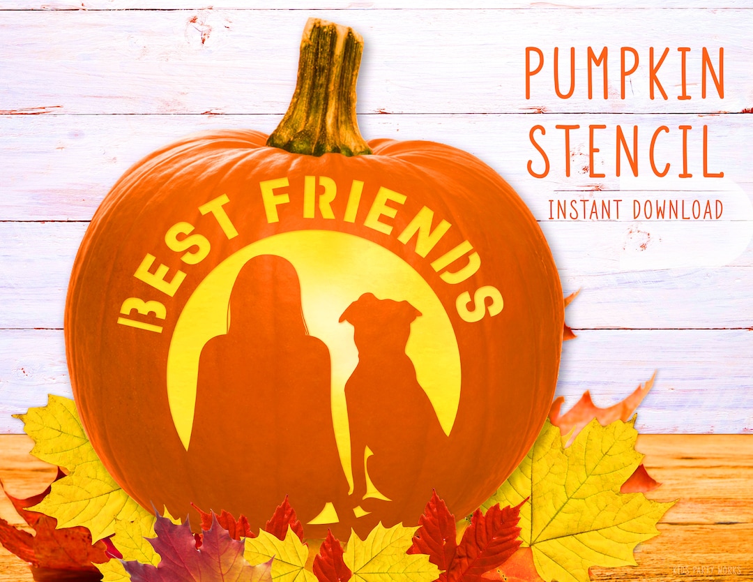 Best Friends Pumpkin Stencil, Woman Dog Pumpkin Carving Template ...