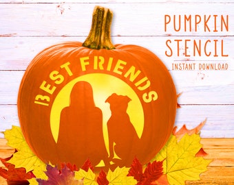 Best Friends Pumpkin Stencil, Woman Dog Pumpkin Carving Template, Halloween Dog, Dog Printable Pumpkin Pattern, Jack O' Lantern, Buddies