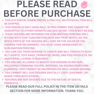 May include: White background with the text "PLEASE READ BEFORE PURCHASE" in dark gray. The text details the terms of a digital PNG file download, including usage, modification restrictions, and refund policy. A pink smiley face is in the top right corner.