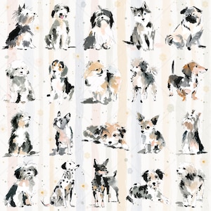 May include: Watercolor illustration featuring a variety of dog breeds. The dogs are depicted in a loose, artistic style, with a mix of colors and patterns. The background has vertical stripes in soft pastel colors.