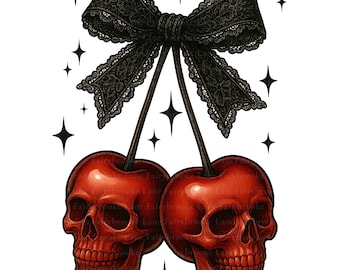 Halloween Cherry Skulls PNG, Spooky Coquette Cherries Png, Skull Cherries Lace Bow Png, Retro Halloween Png Gothic Girl Png Digital Download