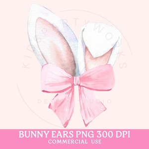 Hase PNG, Kokette Ostern, Hasenohren, Aquarell Osterhase, Clipart, Ostersublimation, Frohe Ostern PNG, Rosa Schleifenästhetik, Preppy