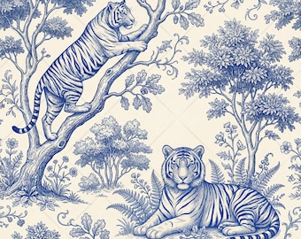 Tiger Toile de Jouy Seamless Pattern JPG, Blue Animal Toile Digital Paper, Vintage Tiger French Style for Fabric JPEG Digital Download