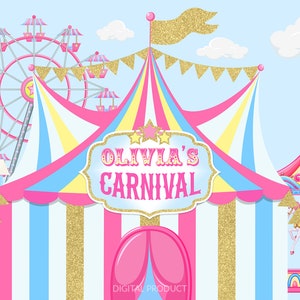 Kids Carnival Backdrop, Carnival Birthday, Circus Party, Carnival Banner, Fun Fair, Pink & Gold Birthday, Personalized, Digital Printable