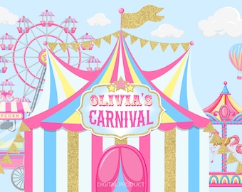 Kinder Karneval Kulisse, Karneval Geburtstag, Zirkus Party, Karneval Banner, Fun Fair, Rosa & Gold Geburtstag, personalisiert, Digitaldruck