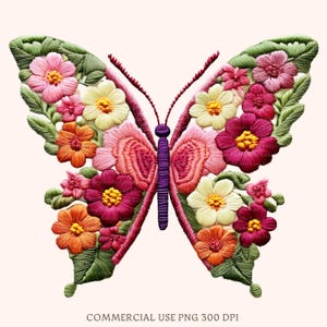 Papillon brodé PNG, fleurs brodées bohèmes PNG, cadeau de fête des mères fausse broderie pour maman Png, Sublimation Png, Png numérique tendance