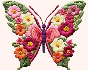 FAUX Embroidered Butterfly PNG, Boho Embroidered Flowers PNG, Embroidery Mother's Day Gift For Mom Png, Sublimation Png, Trendy Png Digital