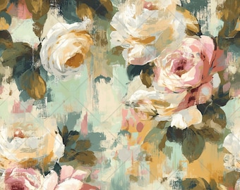 Rustic Watercolor Roses Seamless Pattern JPG, Cottagecore Painterly Floral Brushstroke Fabric Design Digital Download