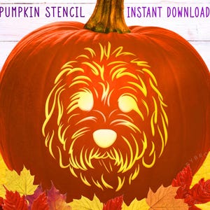 May include: A carved orange pumpkin with a dog face stencil. The stencil is in a lighter orange color. The words "PUMPKIN STENCIL" and "INSTANT DOWNLOAD" are at the top. Colorful fall leaves are at the bottom.