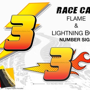 Race Car Number 3, Race Car Birthday, Lightning Bolt Number Decorations, T-Shirt Iron-On, Racing Printable, DIY