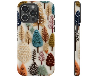 Boho Snowy Trees-telefoonhoesje, stoer hoesje met gehaakt effect, wintergebreid borduurwerk, iPhone 15, Samsung, pixel, comfortabele gebreide hoes mobiele telefoon