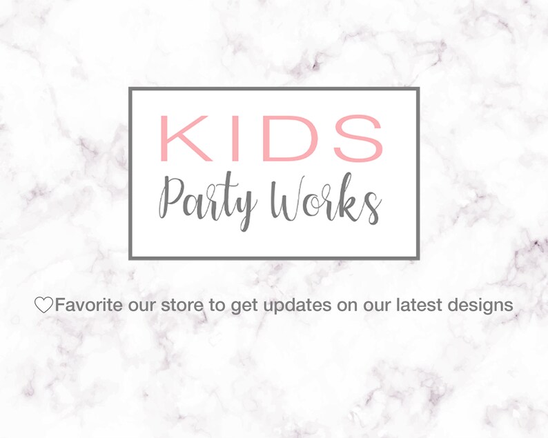 May include: Kids Party Works logo on a white marble background. The logo is in a gray rectangle with the word "KIDS" in pink and "Party Works" in gray cursive.