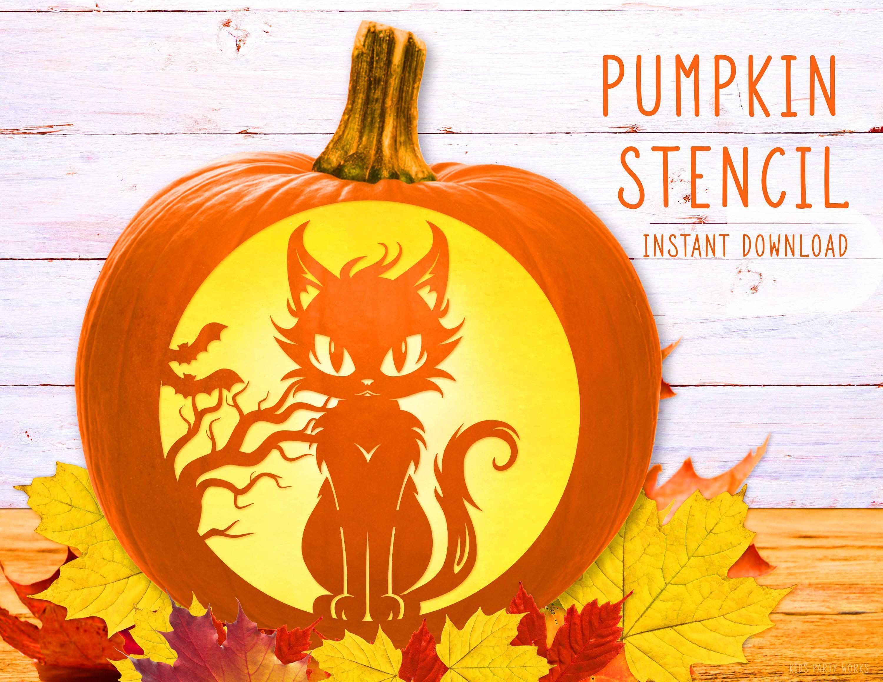 Funny Cat pompoen stencil, AFDRUKBARE pompoen stencil, Jack O' Lantern, pompoen snijwerk stencil, Cat Bats pompoen stencil, Instant Download
