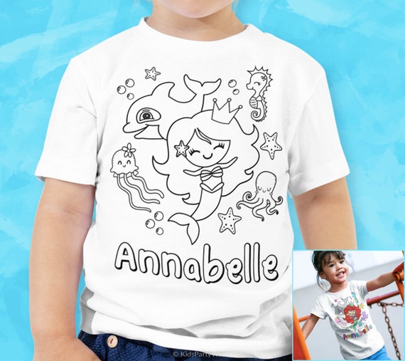 Custom Mermaid Coloring Shirt, Toddler Shirt To Color, Mermaid Birthday, Mermaid Party Favors, Personalized Mermaid Gift, Kids, Girls Name Il_570xn