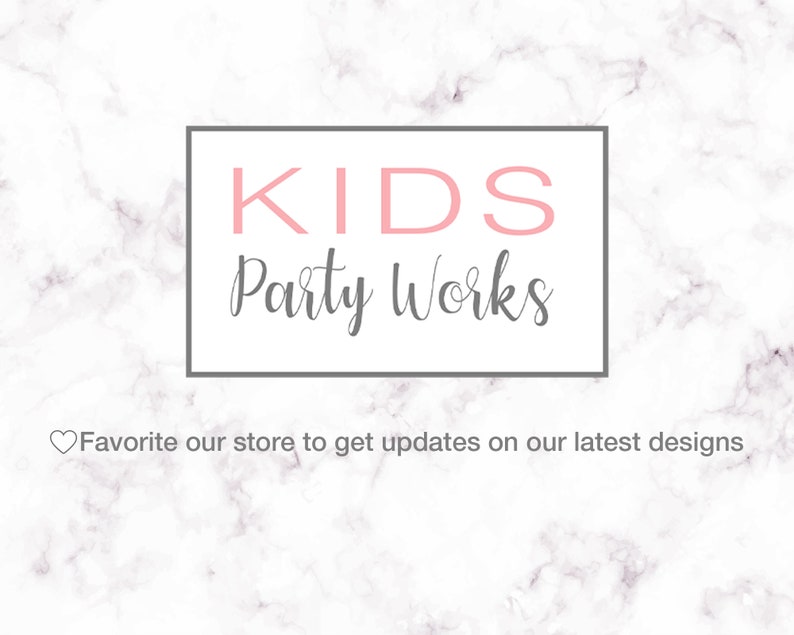 May include: Kids Party Works logo on a white marble background. The logo is in a grey rectangle with the word "KIDS" in pink and "Party Works" in grey cursive.