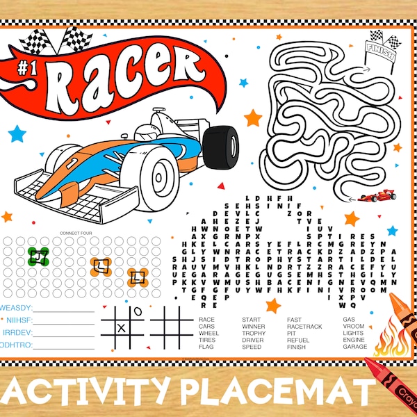 Race Car Activity Placemat, Birthday Party Printable, Race Car Word Search, Coloring Page, Hot Rod Maze, Tic Tac Toe, Connect 4