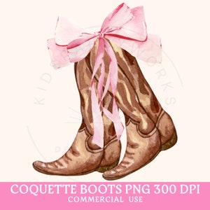 May include: A pair of brown cowboy boots with a large pink bow tied around the tops. The boots are made of leather and have a pointed toe.